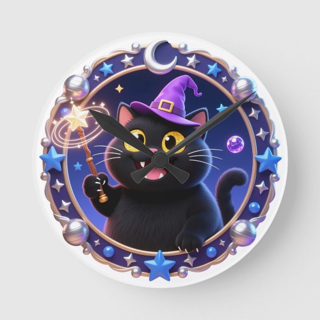 Reloj Redondo Mediano Whimsical Wizard Cat Magical Portrait Art Print (Anverso)