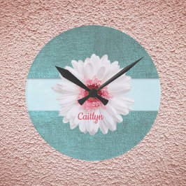Reloj Redondo Mediano White and Pink Daisy on Turquoise