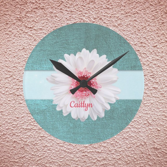 Reloj Redondo Mediano White and Pink Daisy on Turquoise (Subido por el creador)