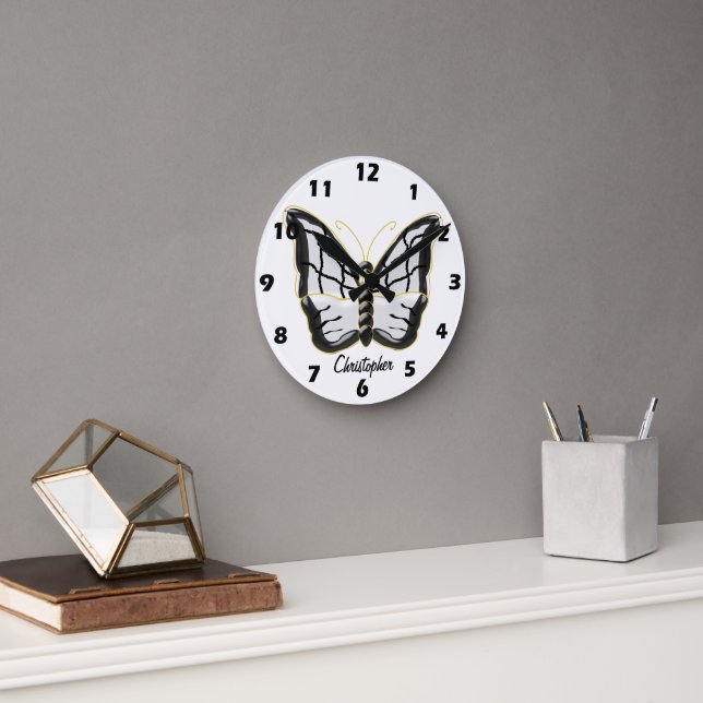 Reloj Redondo Mediano White Butterfly Design Personalised (Oficina)