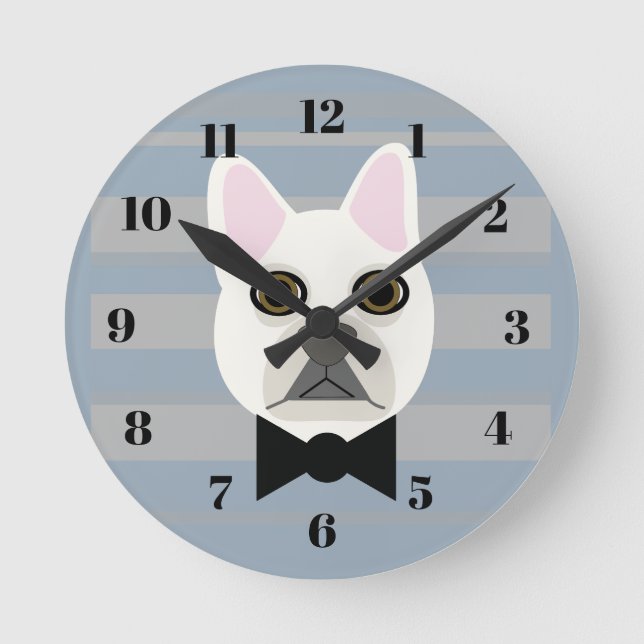 Reloj Redondo Mediano White French Bulldog, Stripes (Anverso)