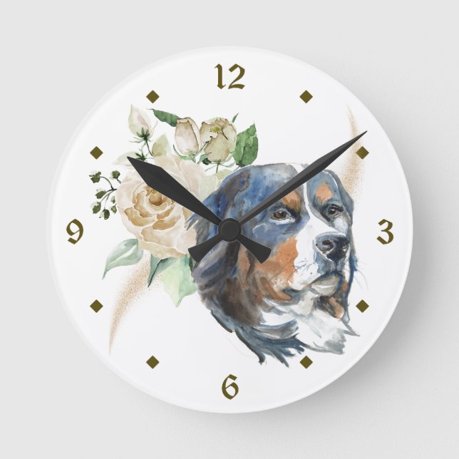 Reloj Redondo Mediano White Rose Bouquet Bernese Mountain Dog (Anverso)