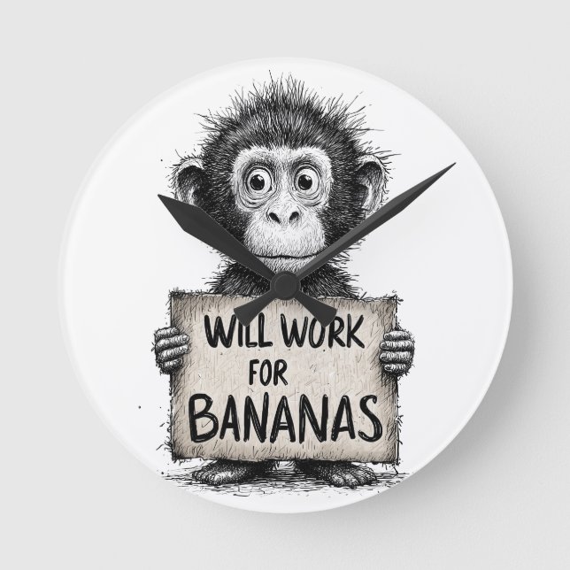 Reloj Redondo Mediano Will Work for Bananas - Humorous Monkey Sketch (Anverso)