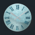 Reloj Redondo Mediano Winter TimeTiffany Aqua Teal Glitter Roman Numbers<br><div class="desc">FlorenceK design</div>