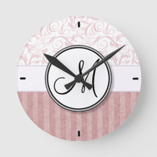 Reloj Redondo Mediano Wisps y rayas florales rosas con monograma
