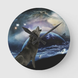 Reloj Redondo Mediano Wolf gritando en la luna