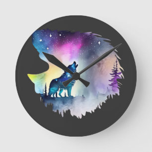 Reloj Redondo Mediano Wolf Howling en las auroras boreales