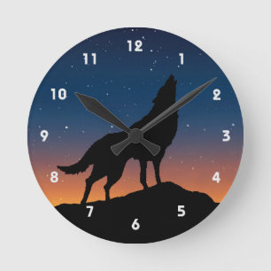 Reloj Redondo Mediano Wolf Howling Silhouette Night Sky y Stars