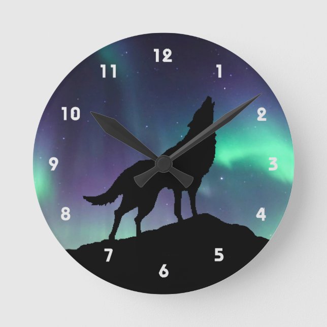 Reloj Redondo Mediano Wolf Howling Silhouette With Northern Lights (Anverso)