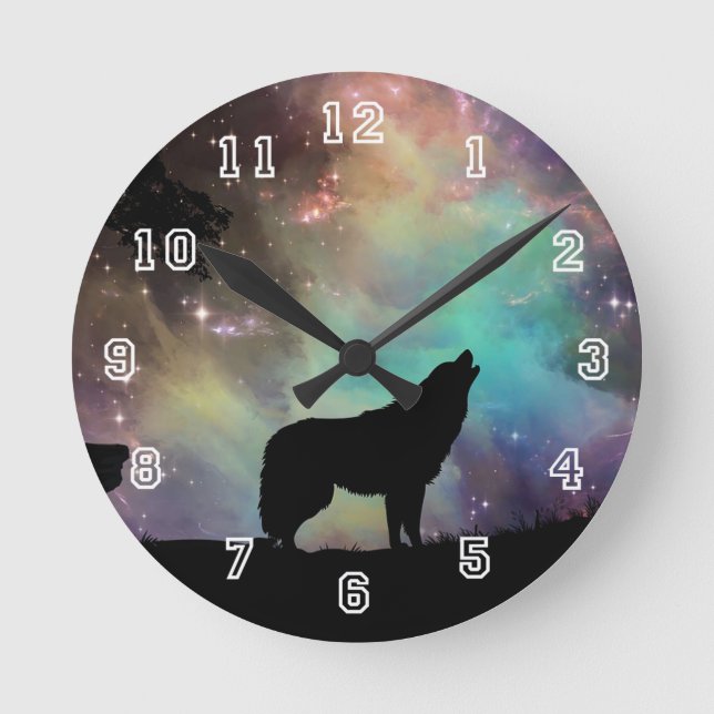 Reloj Redondo Mediano Wolf howling silhouette With Northern Lights (Anverso)
