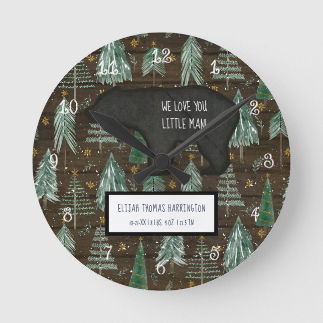 Reloj Redondo Mediano Wood Bear Woodland Forest Baby Stats (Anverso)