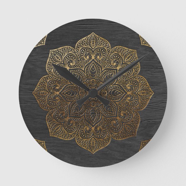 Reloj Redondo Mediano Wood mandala-gold (Anverso)