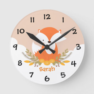 Reloj Redondo Mediano Woodland Animals Fox Kids Nursery Wall Clock