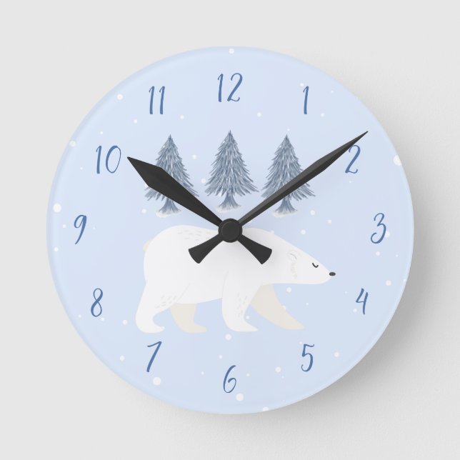 Reloj Redondo Mediano Woodland Winter Polar Bear Nursery Decoración (Anverso)