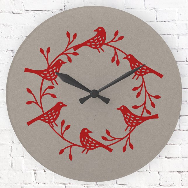 Reloj Redondo Mediano Wreath de aves escandinavas (Scandinavian style bird folk art clock)