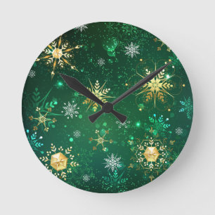 Reloj Redondo Mediano Xmas Golden Snowflakes on Green Background