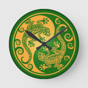 Reloj Redondo Mediano Yang Geckos, verde y amarillo