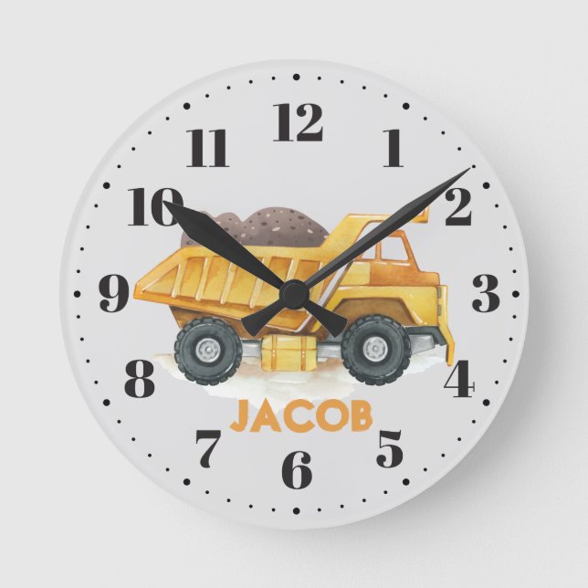 Reloj Redondo Mediano Yellow Dump Truck Boys Bedroom Nombre personalizad (Anverso)