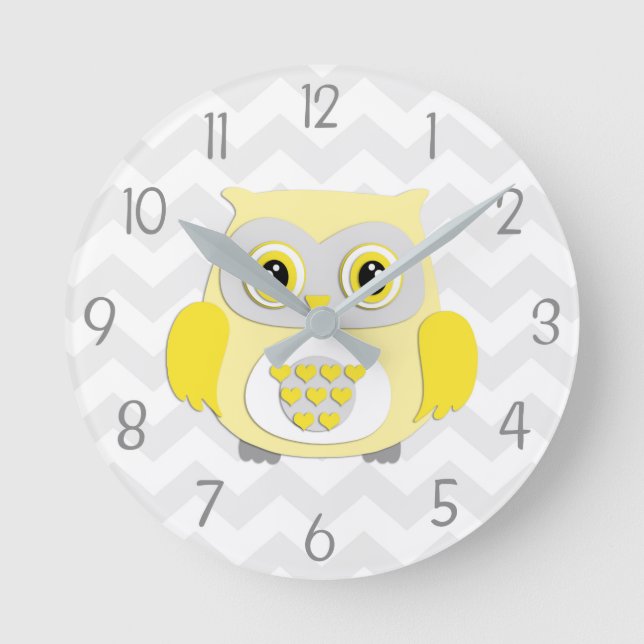 Reloj Redondo Mediano Yellow Grey Owl Nursery Wall Clock (Anverso)