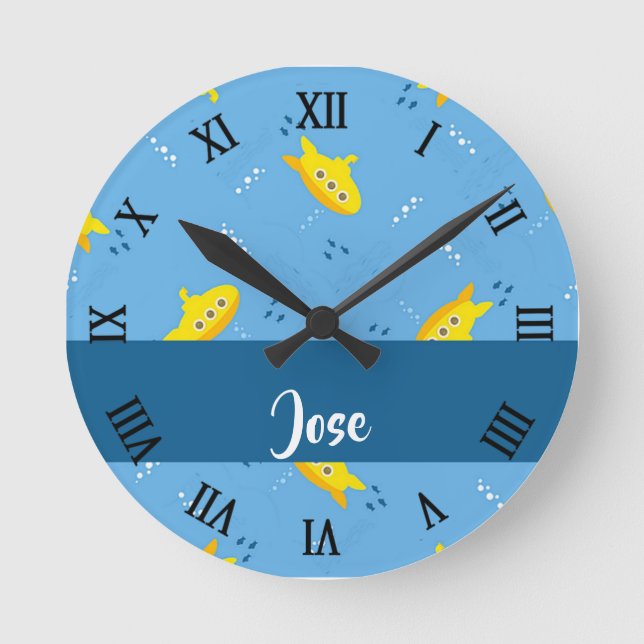 Reloj Redondo Mediano Yellow submarine and fish on blue (Anverso)