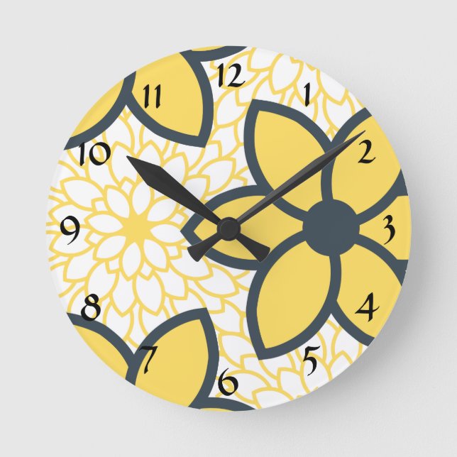 Reloj Redondo Mediano Yellow, White and Charcoal Modern Floral (Anverso)
