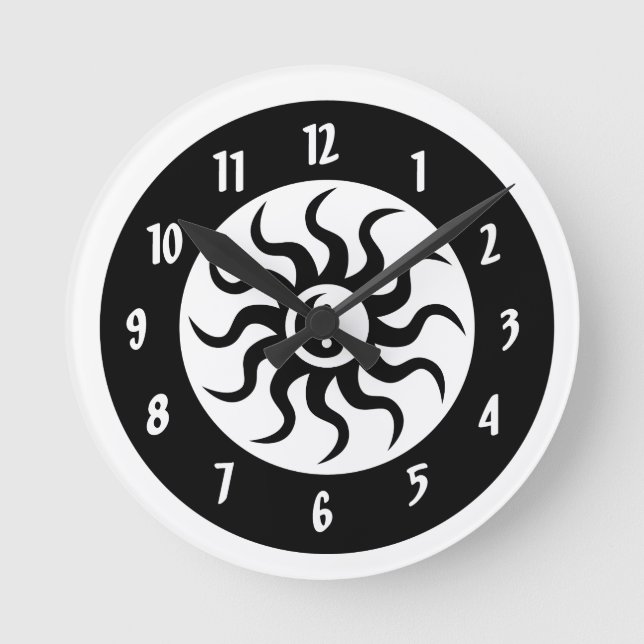 Reloj Redondo Mediano Yin Yang Aztec Sol/Círculos blancos y negros (Anverso)