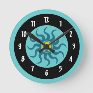 Reloj Redondo Mediano Yin-Yang Aztec Sun/Aqua y Círculos Negros