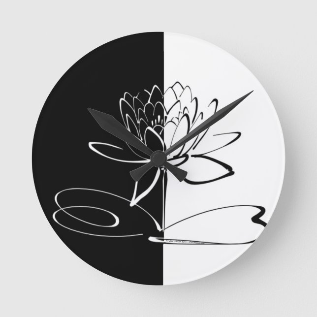 Reloj Redondo Mediano Yin Yang Black White Lotus Blossom (Anverso)