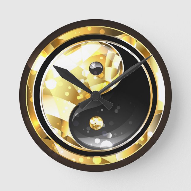 Reloj Redondo Mediano Yin Yang dorado en negro (Anverso)