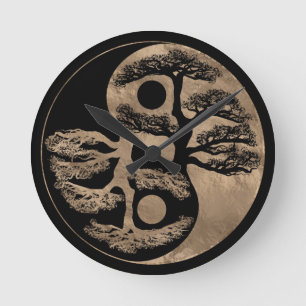 Reloj Redondo Mediano Yin Yang Tree Black and Gold