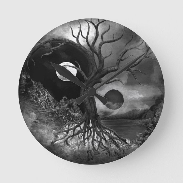 Reloj Redondo Mediano Yin Yang Tree Landscape Black and White (Anverso)