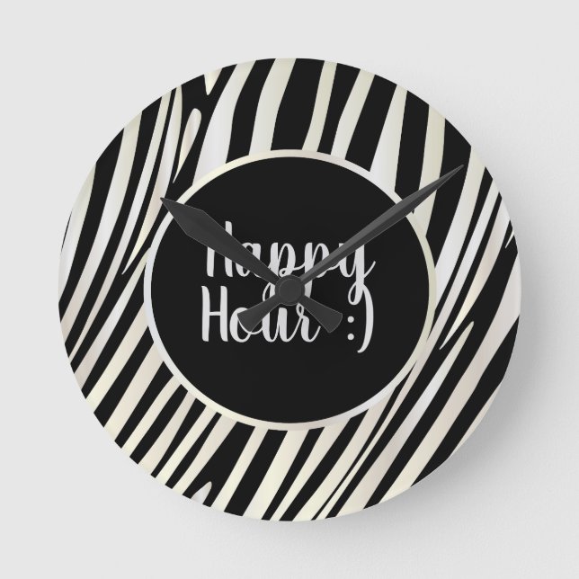 Reloj Redondo Mediano Zebra Stripes Black & White Pattern Happy Hour! (Anverso)