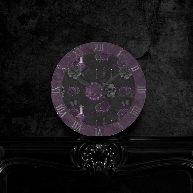 Reloj Redondo Mediano Zodiac Magic | Rosas de cráneo gótico de ciruela m (Subido por el creador)
