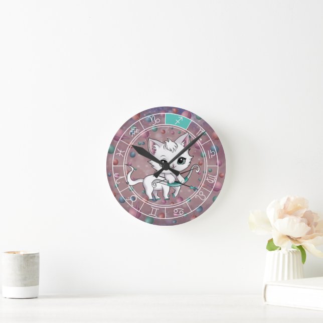 Reloj Redondo Mediano Zodiac Sagittarius Cute Cat Wheel Planeta Astrolog (Hogar)