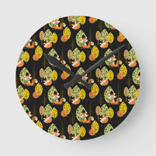 Reloj Redondo Mediano Zorro Árboles de Otoño Bosque Noche Negra Hipster