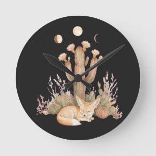 Reloj Redondo Mediano Zorro del desierto boho durmiendo bajo cactus sagu