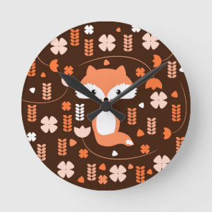 Reloj Redondo Mediano Zorro, flores y hojas lindos en naranja