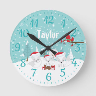 Reloj Redondo Mediano Zorros Árticos del Bosque de Navidad