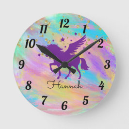 Reloj redondo morado de unicornio de color dorado