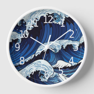 Reloj Resumen Olas del océano azul arte de estilo japoné