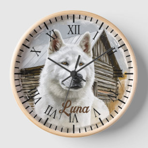Reloj Retrato de granja de raza rusa de perro blanco Aki