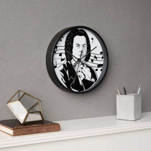 Reloj Retrato y busto de Johann Sebastian Bach con notas