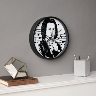 Reloj Retrato y busto de Johann Sebastian Bach con notas