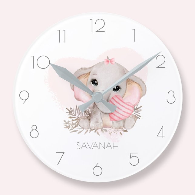 Reloj rojizo lindo chica elefante lindo (Personalized cute elephant girl pink round clock)