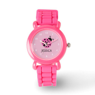 Reloj rosa de ladybug personalizado con nombre de