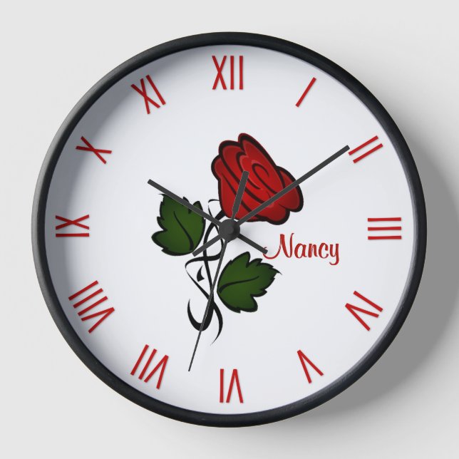 Reloj Rosa Roja con Números Romanos de Nombre (Anverso)