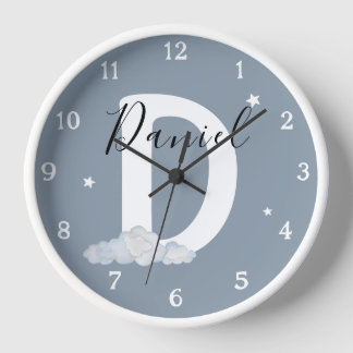 Reloj Round White Wood Frame Blue Nursery Wall Clock