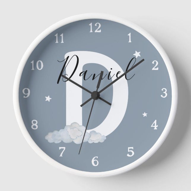 Reloj Round White Wood Frame Blue Nursery Wall Clock (Anverso)