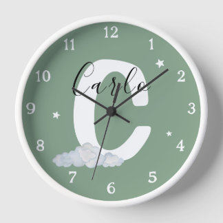 Reloj Round White Wood Frame Monogram Nursery Wall Clock