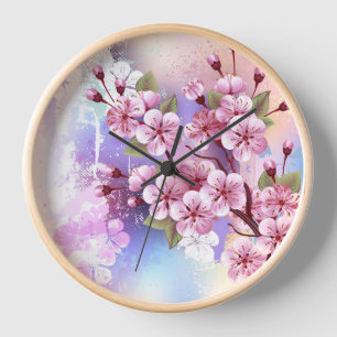 Reloj Sakura rosa sobre fondo de pintura